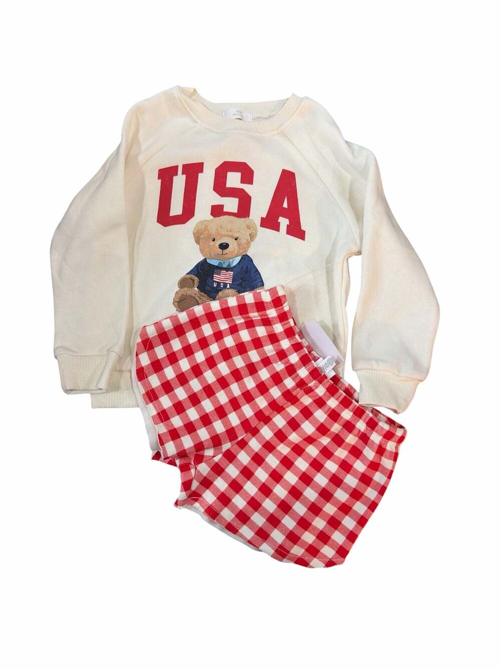 Toddler Girls USA Teddy Bear Sweatshirt & Gingham Shorts Set – Size 4T